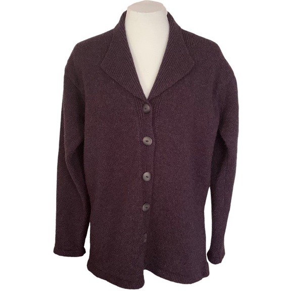 Kerry Woollen Mills Made in Ireland Wool Cardigan Burton Down Eggplant Sz S - Picture 1 of 9